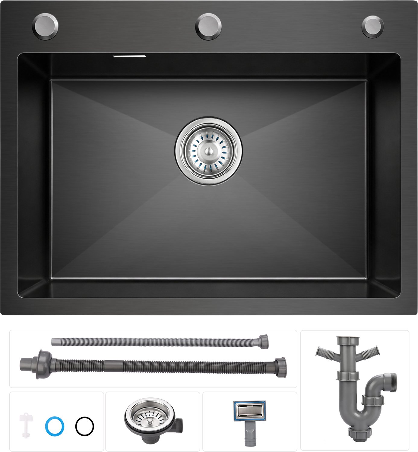 LOVHAUS Spoelbak Keuken RVS 60x45 cm - Enkele Spoelbak - Antraciet - 3 Kraangaten - Met Overloop