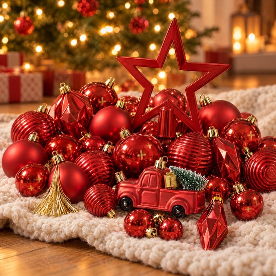 Cheqo® Kerstboomversiering Set van 67 Rood - Kerstballen met Piek - Kerstversiering - Rode Kerstballen - Kerstdecoratie - Kersthangers - Kerstornamenten met Auto - Kerstballenset - Mat en Glans