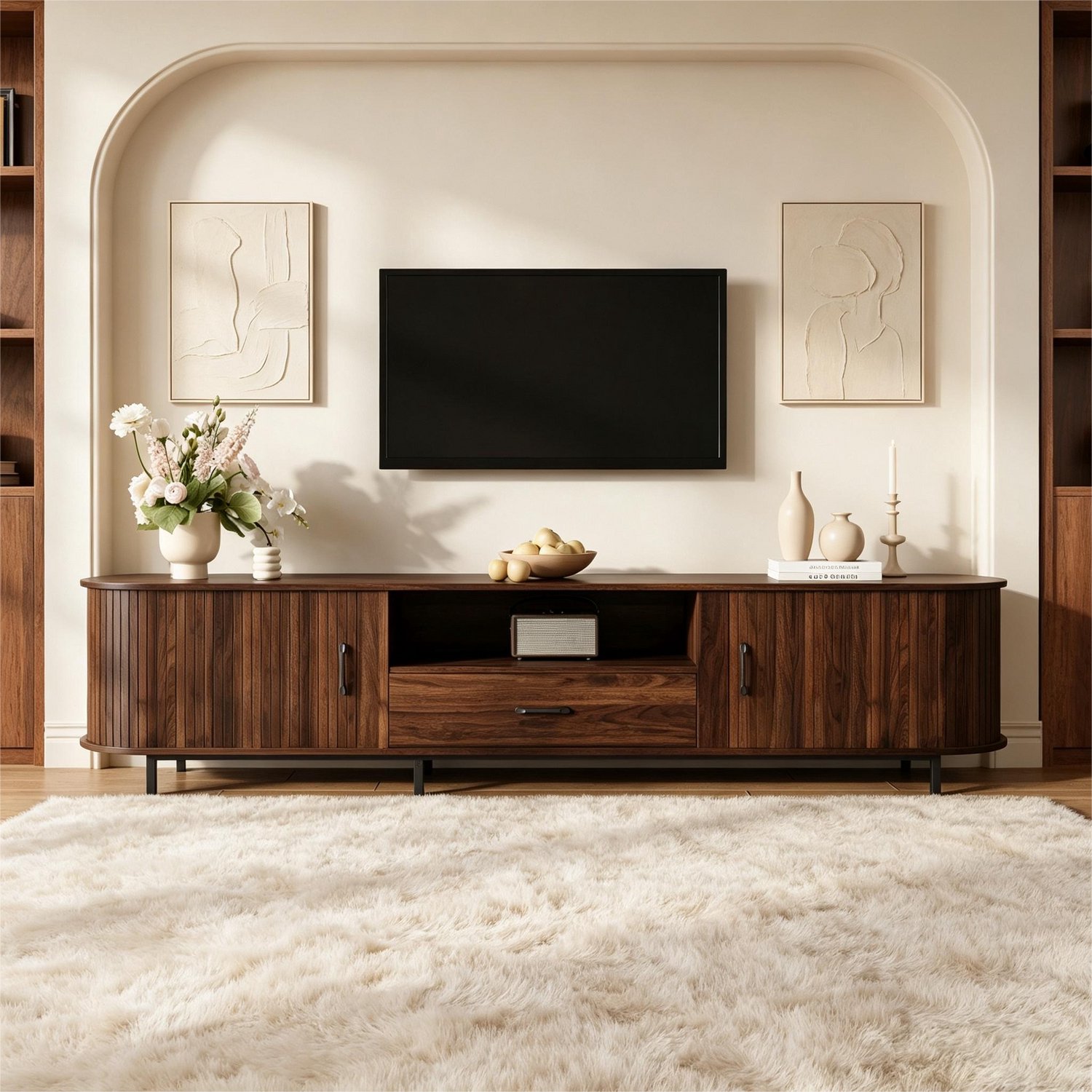 TV-meubel 180 cm breed voor 75 inch TV - TV-kast met 2 schuifdeuren, lade en open vakken - walnootkleur
