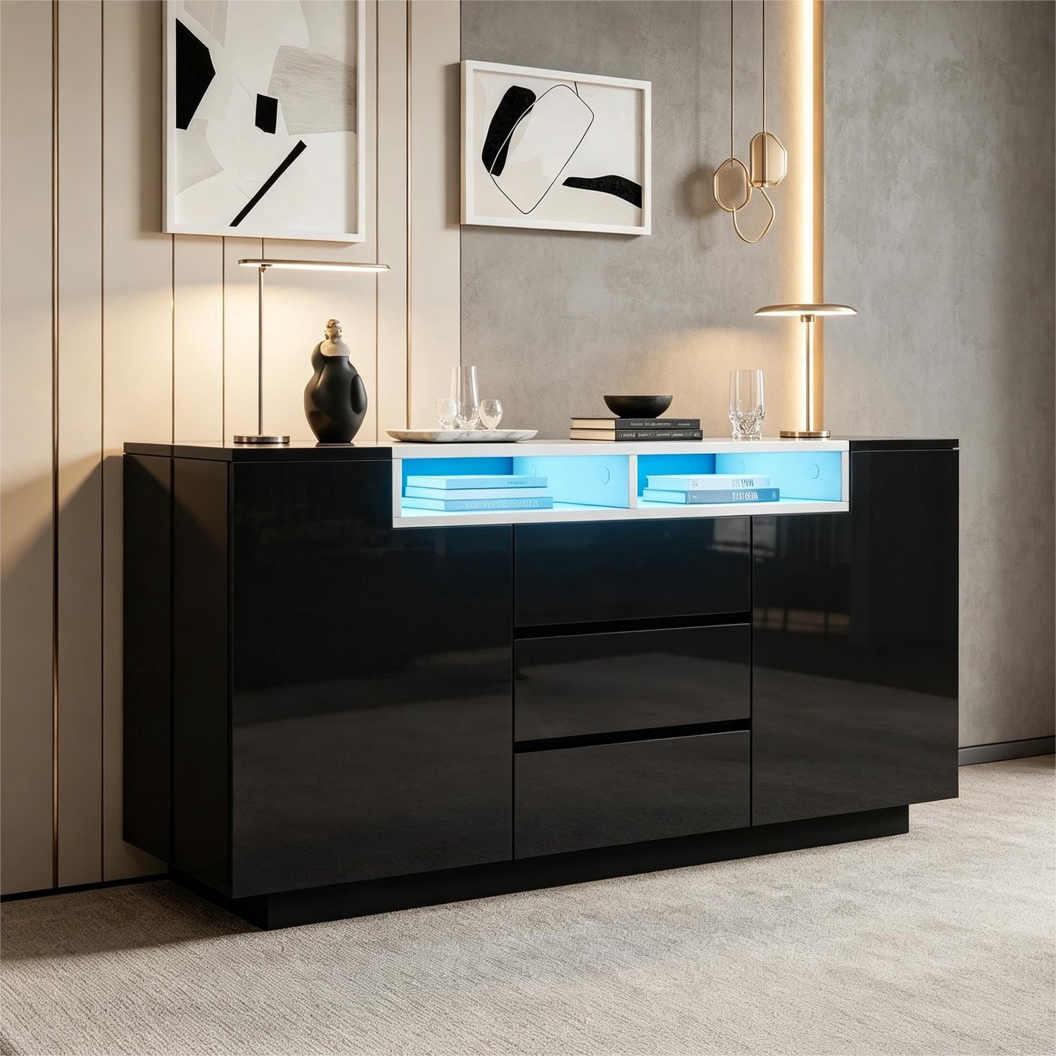 Dressoir 140 cm met LED verlichting, 2 deuren en 3 laden - Hoogglans opbergkast zwart