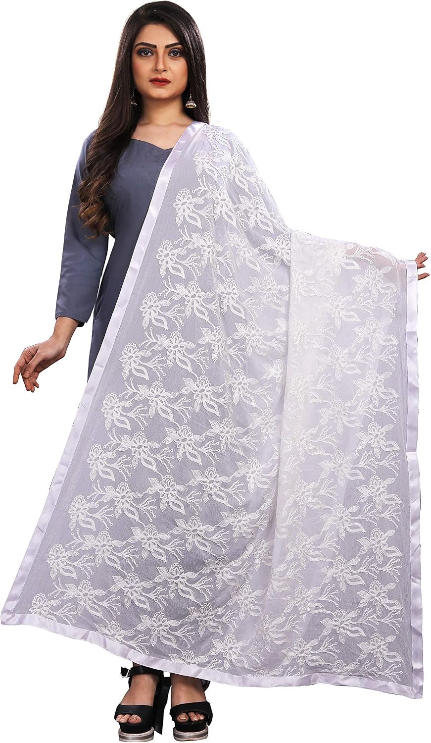 Chiffon geborduurde sjaal Pashmina sjaals en wraps voor avondjurk, bruiloft en speciale gelegenheden, Wit, one size