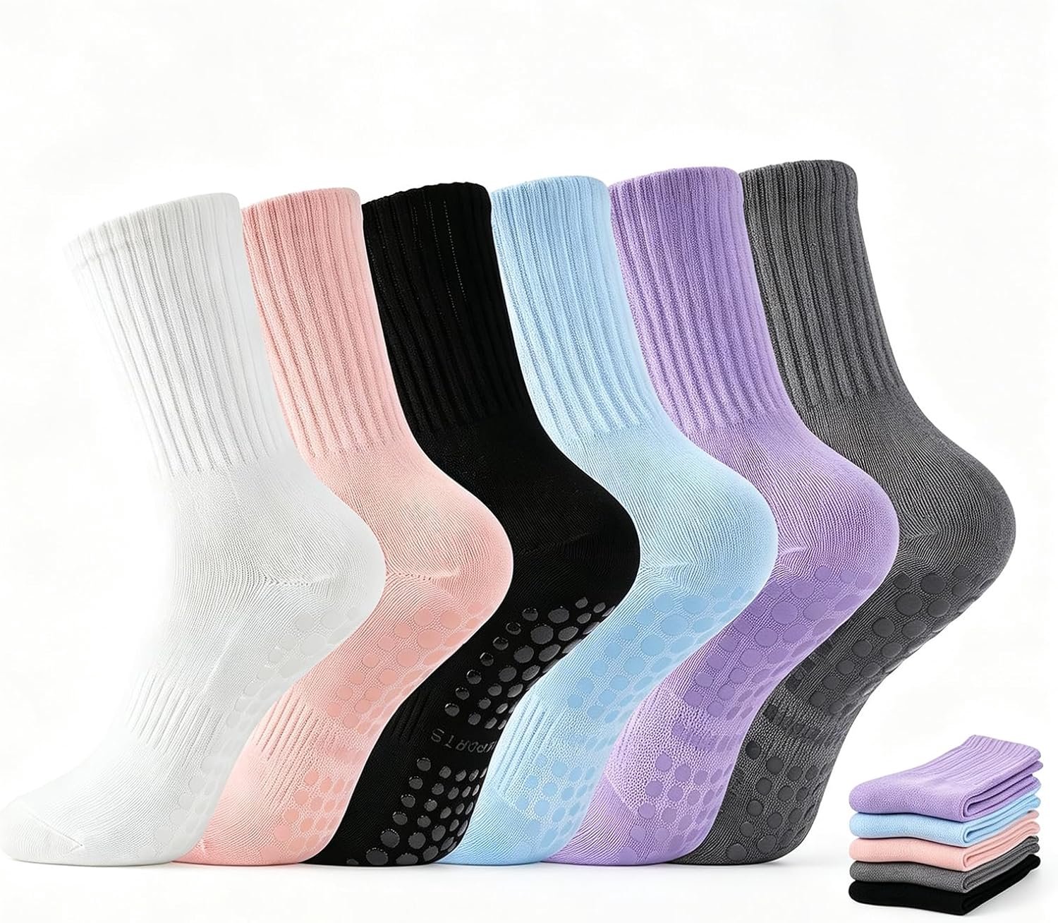 Sokken voor dames, 6 paar: yogasokken antislip met noppen, katoenen stoppersokken, set voor vrouwen, mama, zwangere vrouwen, pilates, barre, ballet, dans, trampoline