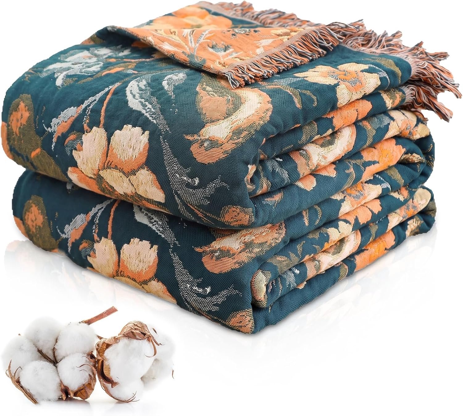 Boho-sprei met franjes, 150 x 200 cm, katoenen dubbelzijdige mousseline deken, zachte, behaaglijke bankdeken en bedsprei, ademend voor slaapkamer, woonkamer, het hele jaar door, blauw