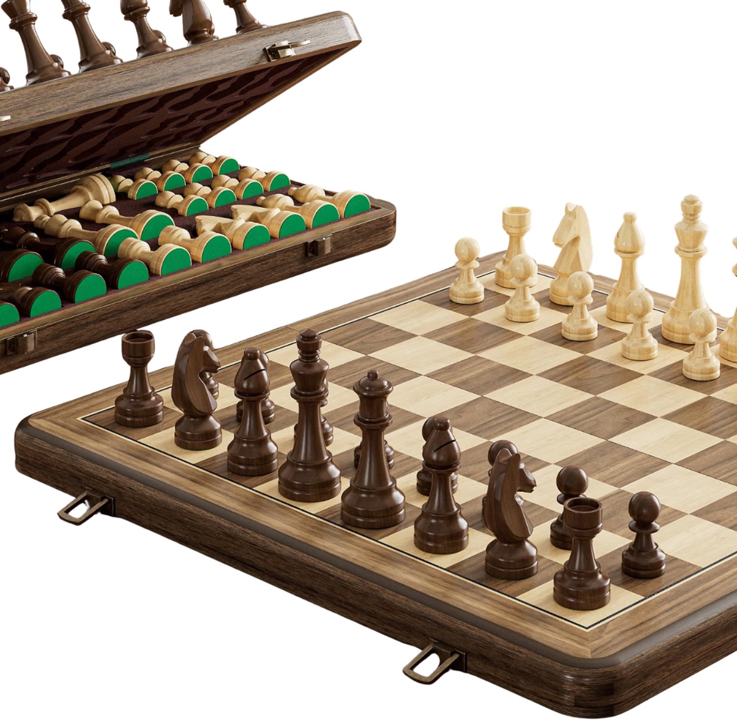 Verte - Magnetisch Schaakbord - 15 Inch Magnetisch Houten Schaakspel - Opvouwbaar Schaakbord Van Rubberhout Met Bruine Dubbelzijdige Opbergvakken - 2 Extra Koninginnen En Een Stofbestendige Tas - Draagbaar Reisbordspel - Vintage