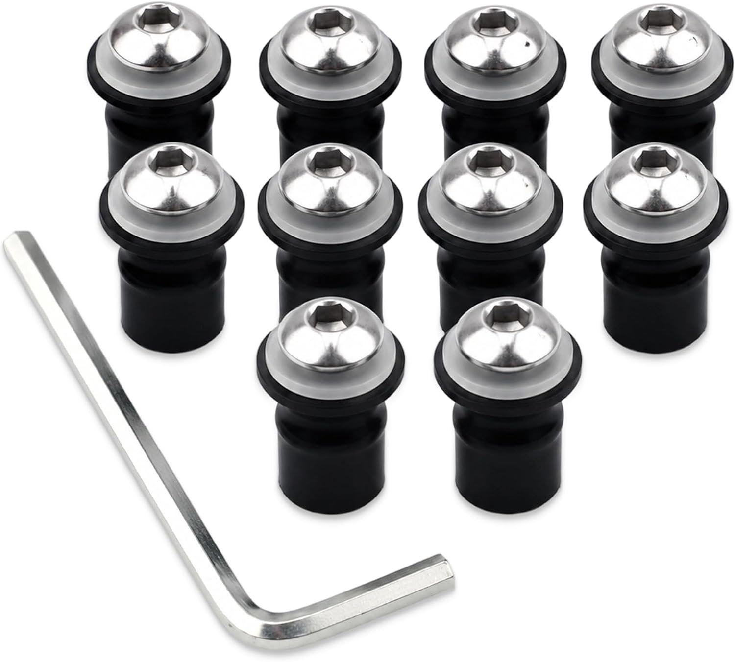 Montageset voor motorfiets, M5, 10 stuks met schroeven van aluminiumlegering, rubberen uitbreidingsmoeren en transparante rubberen sluitringen, voor voorruit en bekleding, trillingsdempend met