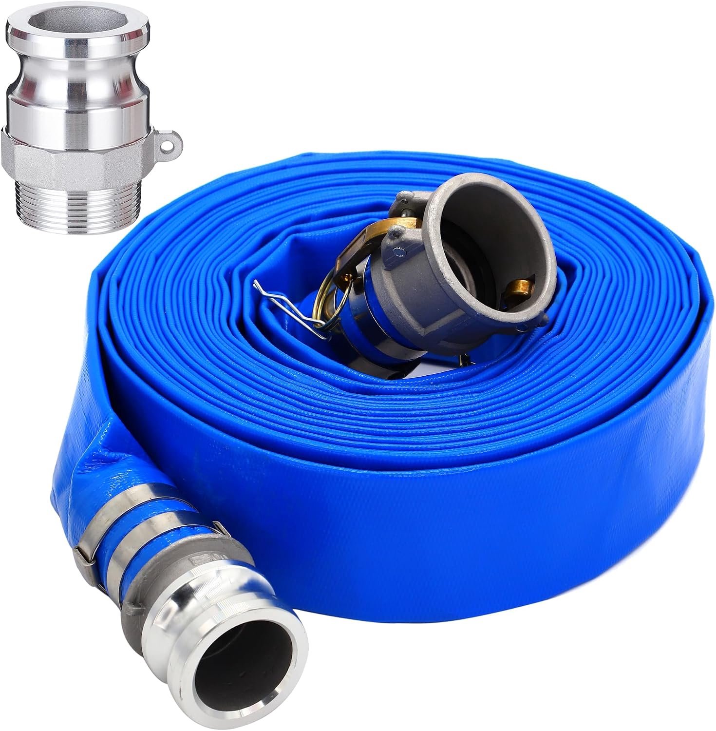2" ID x 100ft PVC leggen platte afvoerslang met aluminium camlock C en E fittingen, Cam Lock Fitting Type F inbegrepen, zwaar belastbare, versterkte blauwe backwash pompslangen voor zwemmen