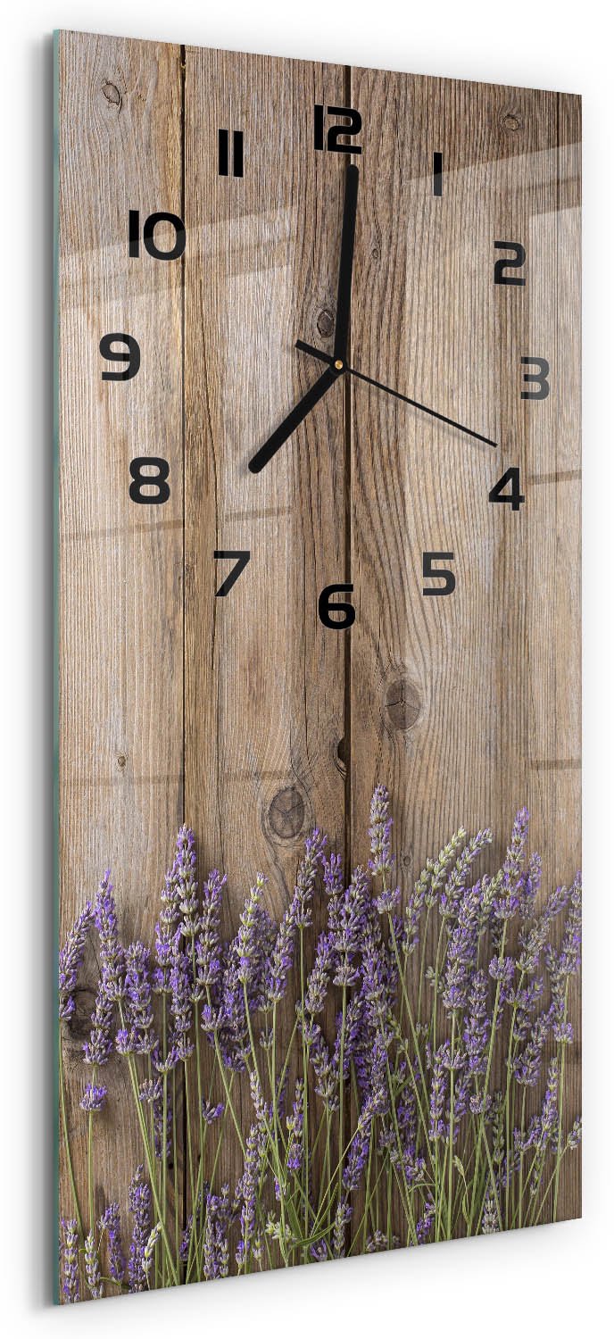 Tulup Wandklok - Lavendel op hout Decoratieve Glazen Klok - 30x60 cm - Bruin Glazen Wandklok Design - Zwarte handen - Rechthoekige Klok - Glazen Klok Met Print - Wandklok Glas Met Motief