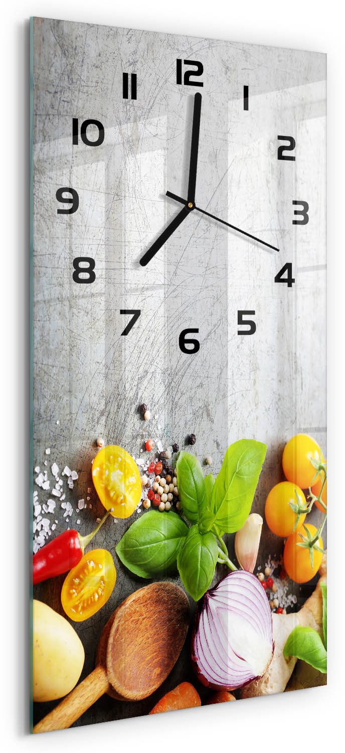 Tulup Wandklok - Groenten Wandklok Glas Met Motief - 30x60 cm - Veelkleurig Decoratieve Glazen Klok - Zwarte handen - Rechthoekige Klok - Gekleurde Glazen Klok - Glazen Klok Met Print