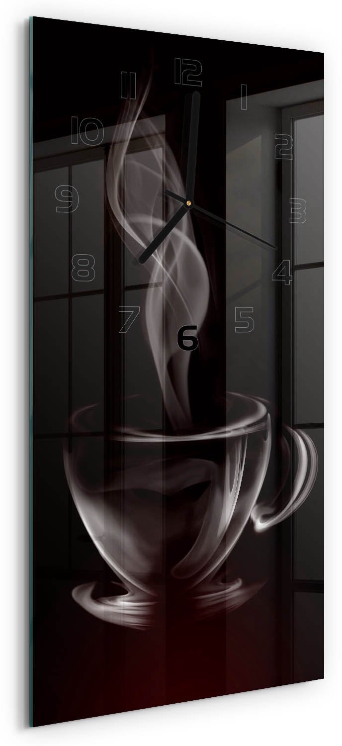 Tulup Wandklok - Aromatische koffie Gekleurde Glazen Klok - 30x60 cm - Bruin Glazen Klok Met Print - Zwarte handen - Rechthoekige Klok - Moderne Wandklok Glas - Wandklok Glas Decoratie