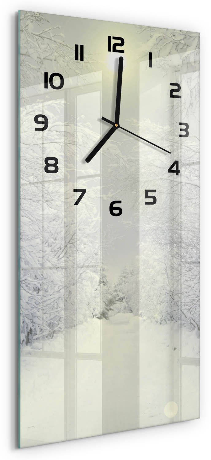 Tulup Wandklok - Winterbos Gekleurde Glazen Klok - 30x60 cm - Wit Glazen Klok Met Print - Zwarte handen - Rechthoekige Klok - Moderne Wandklok Glas - Wandklok Glas Decoratie