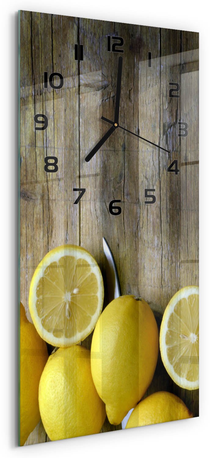 Tulup Wandklok - Citroenen op hout Klok Glas Met Opdruk - 30x60 cm - Geel Moderne Wandklok Glas - Zwarte handen - Rechthoekige Klok - Decoratieve Glazen Klok - Glazen Wandklok Design
