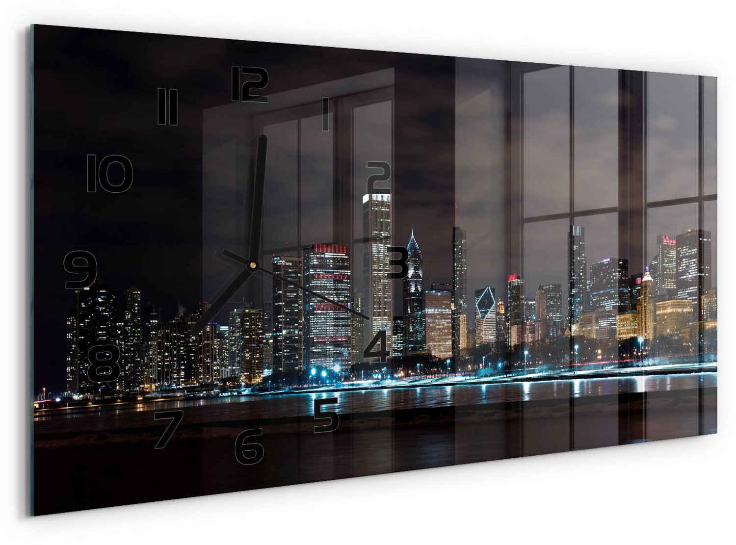 TULUP Wandklok - Chicago bij nacht Wandklok Glas Decoratie - 60x30 cm - Zwart Gekleurde Glazen Klok - Zwarte handen - Rechthoekige Klok - Klok Glas Met Opdruk - Moderne Wandklok Glas