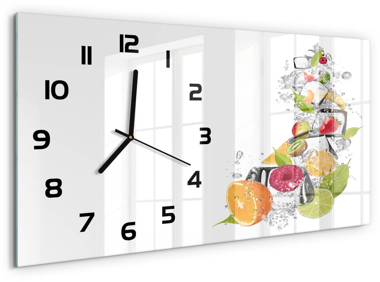 TULUP Wandklok - Fruit met ijs Moderne Wandklok Glas - 60x30 cm - Veelkleurig Wandklok Glas Decoratie - Zwarte handen - Rechthoekige Klok - Glazen Wandklok Design - Klok Glas Met Opdruk
