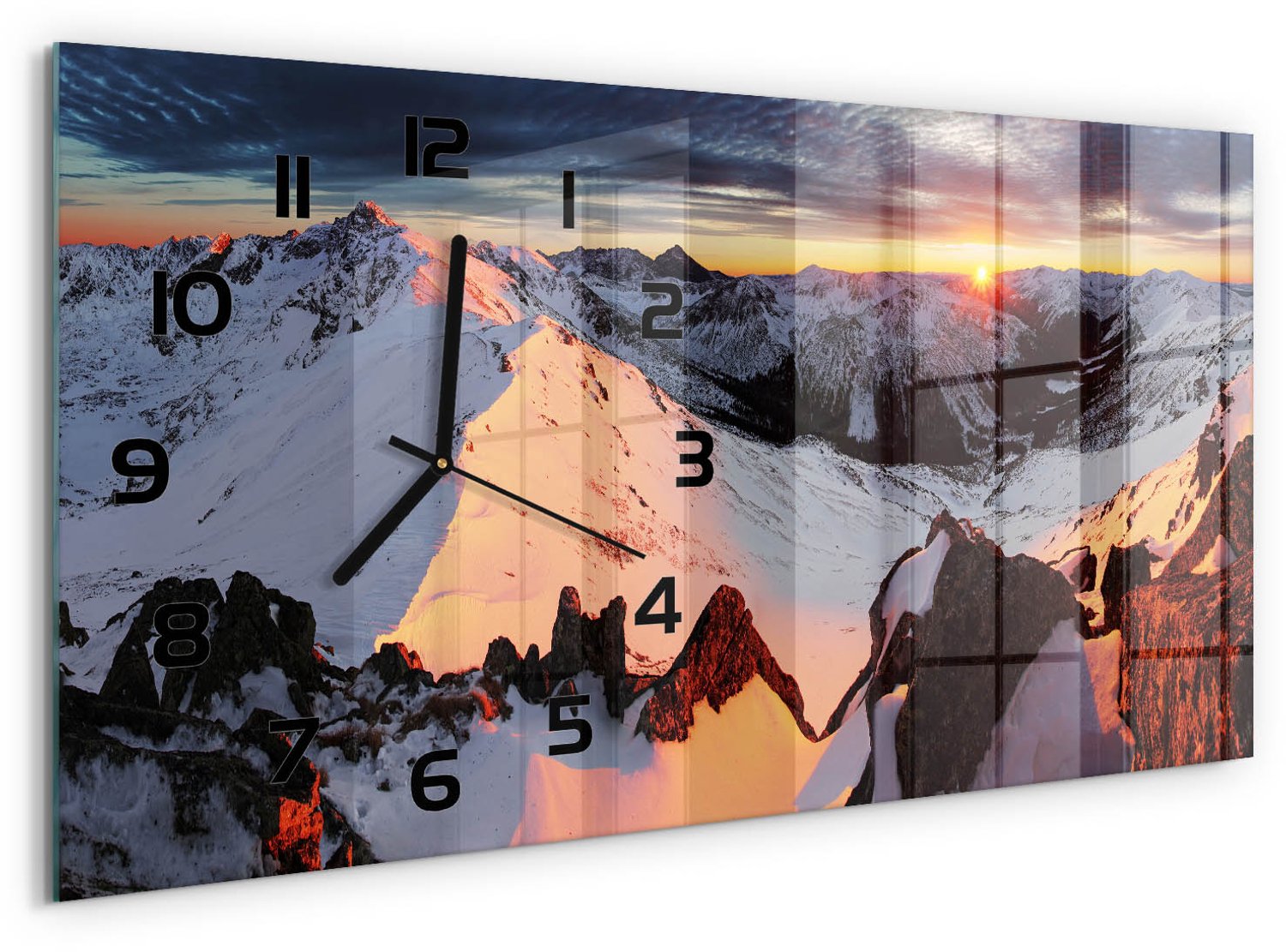TULUP Wandklok - Bergen in de winter Glazen Wandklok Design - 60x30 cm - Veelkleurig Klok Glas Met Opdruk - Zwarte handen - Rechthoekige Klok - Wandklok Glas Met Motief - Decoratieve Glazen Klok