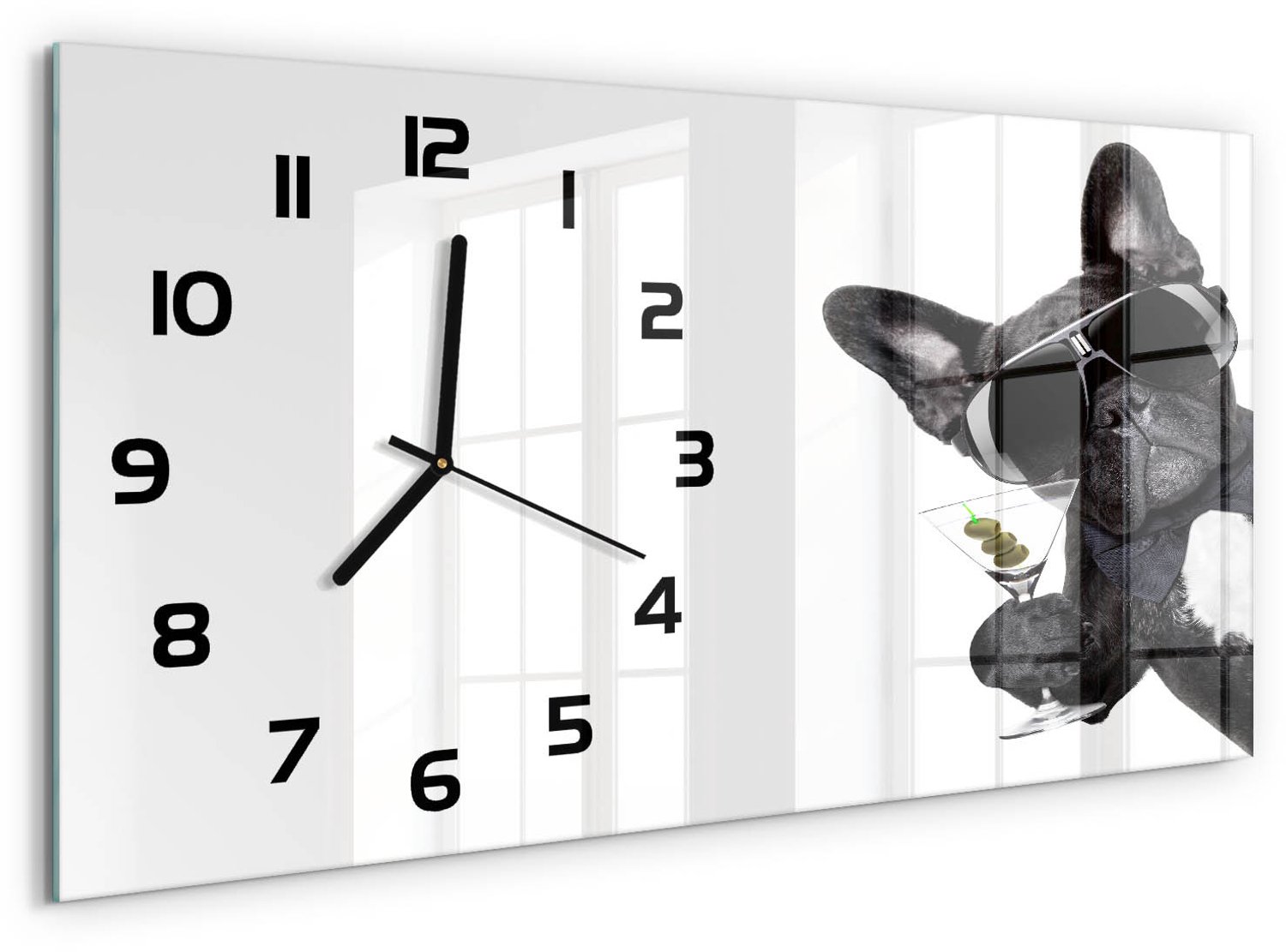 TULUP Wandklok - Martini Dog Wandklok Glas Decoratie - 60x30 cm - Zwart Gekleurde Glazen Klok - Zwarte handen - Rechthoekige Klok - Klok Glas Met Opdruk - Moderne Wandklok Glas