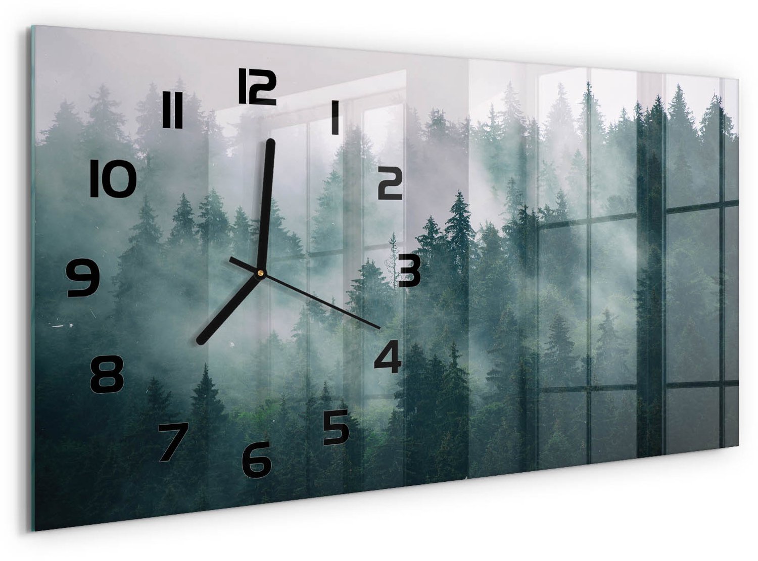 TULUP Wandklok - Mist boven het bos Klok Glas Met Opdruk - 60x30 cm - Grijs Moderne Wandklok Glas - Zwarte handen - Rechthoekige Klok - Decoratieve Glazen Klok - Glazen Wandklok Design