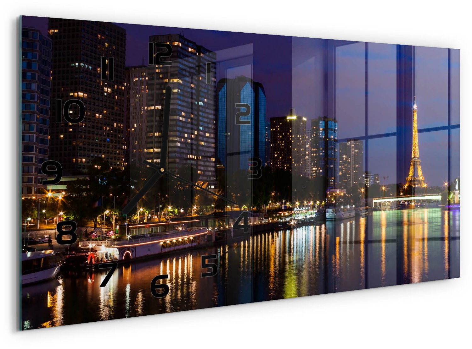 TULUP Wandklok - Parijs bij nacht Wandklok Glas Decoratie - 60x30 cm - Zwart Gekleurde Glazen Klok - Zwarte handen - Rechthoekige Klok - Klok Glas Met Opdruk - Moderne Wandklok Glas