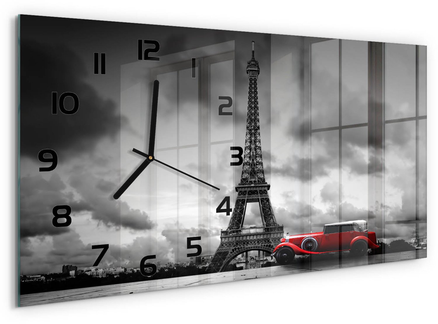 TULUP Wandklok - Eiffeltoren Parijs Gekleurde Glazen Klok - 60x30 cm - Rood Glazen Klok Met Print - Zwarte handen - Rechthoekige Klok - Moderne Wandklok Glas - Wandklok Glas Decoratie