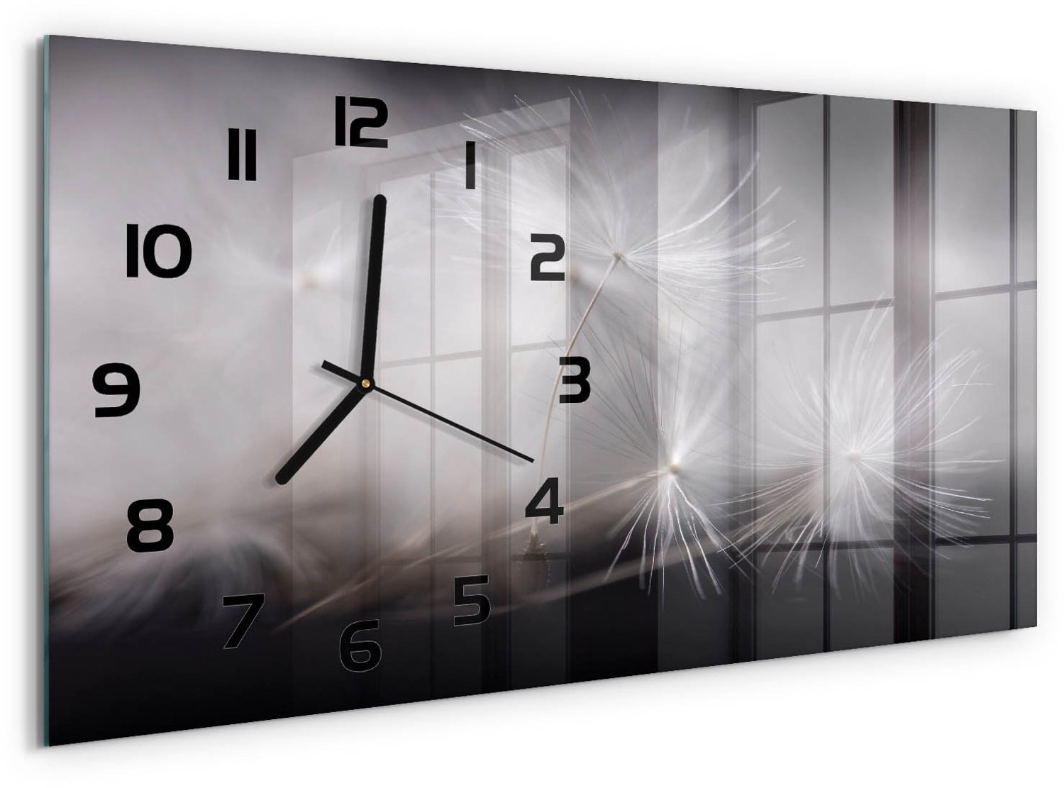 TULUP Wandklok - Paardenbloemzaden Gekleurde Glazen Klok - 60x30 cm - Zwart-wit Glazen Klok Met Print - Zwarte handen - Rechthoekige Klok - Moderne Wandklok Glas - Wandklok Glas Decoratie