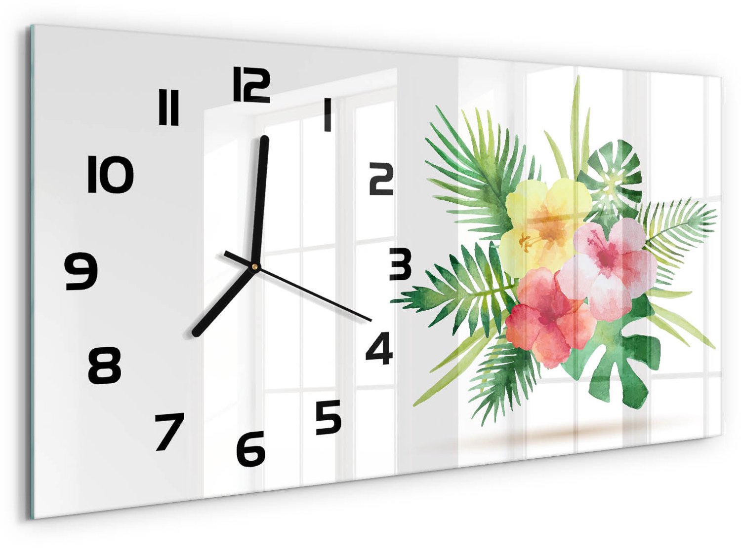 TULUP Wandklok - Hawaiiaanse bloemen Gekleurde Glazen Klok - 60x30 cm - Veelkleurig Glazen Klok Met Print - Zwarte handen - Rechthoekige Klok - Moderne Wandklok Glas - Wandklok Glas Decoratie