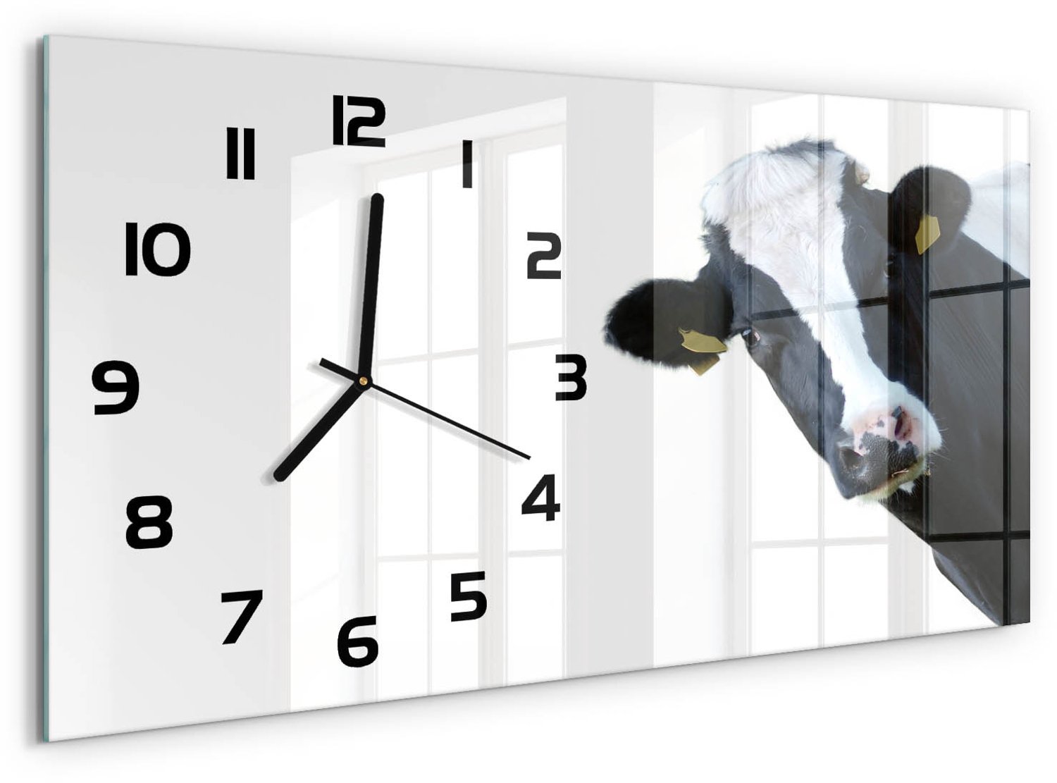 TULUP Wandklok - Koe Wandklok Glas Decoratie - 60x30 cm - Zwart-wit Gekleurde Glazen Klok - Zwarte handen - Rechthoekige Klok - Klok Glas Met Opdruk - Moderne Wandklok Glas