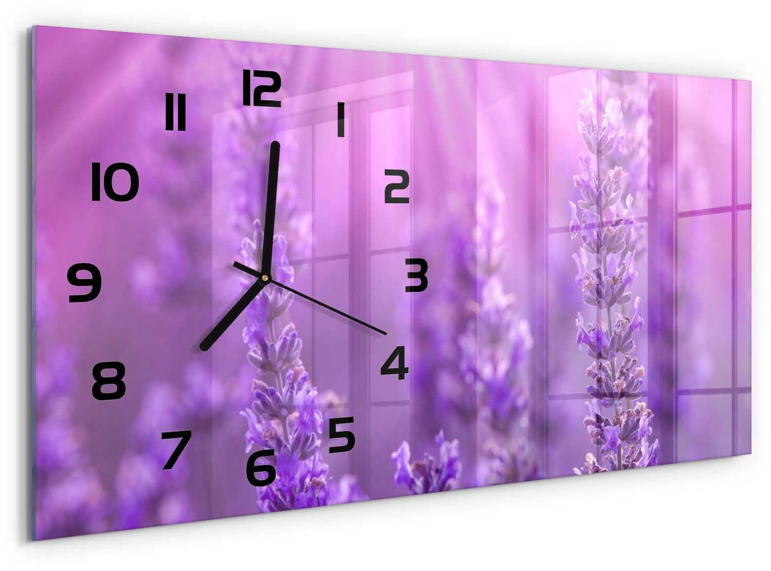 TULUP Wandklok - Lavendel Klok Glas Met Opdruk - 60x30 cm - Paars Moderne Wandklok Glas - Zwarte handen - Rechthoekige Klok - Decoratieve Glazen Klok - Glazen Wandklok Design