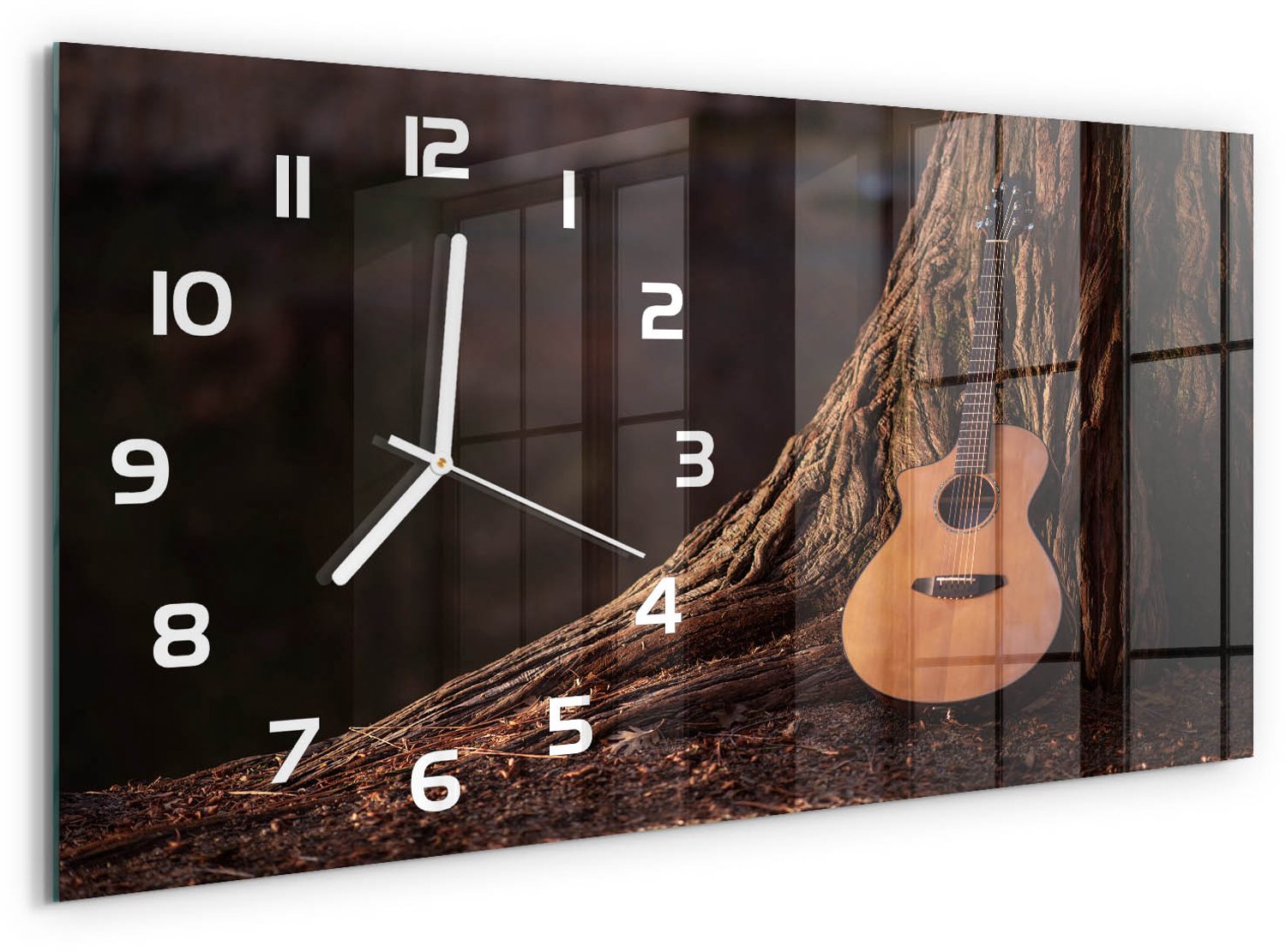 TULUP Wandklok - akoestische gitaar Moderne Wandklok Glas - 60x30 cm - Bruin Wandklok Glas Decoratie - Witte handen - Rechthoekige Klok - Glazen Wandklok Design - Klok Glas Met Opdruk