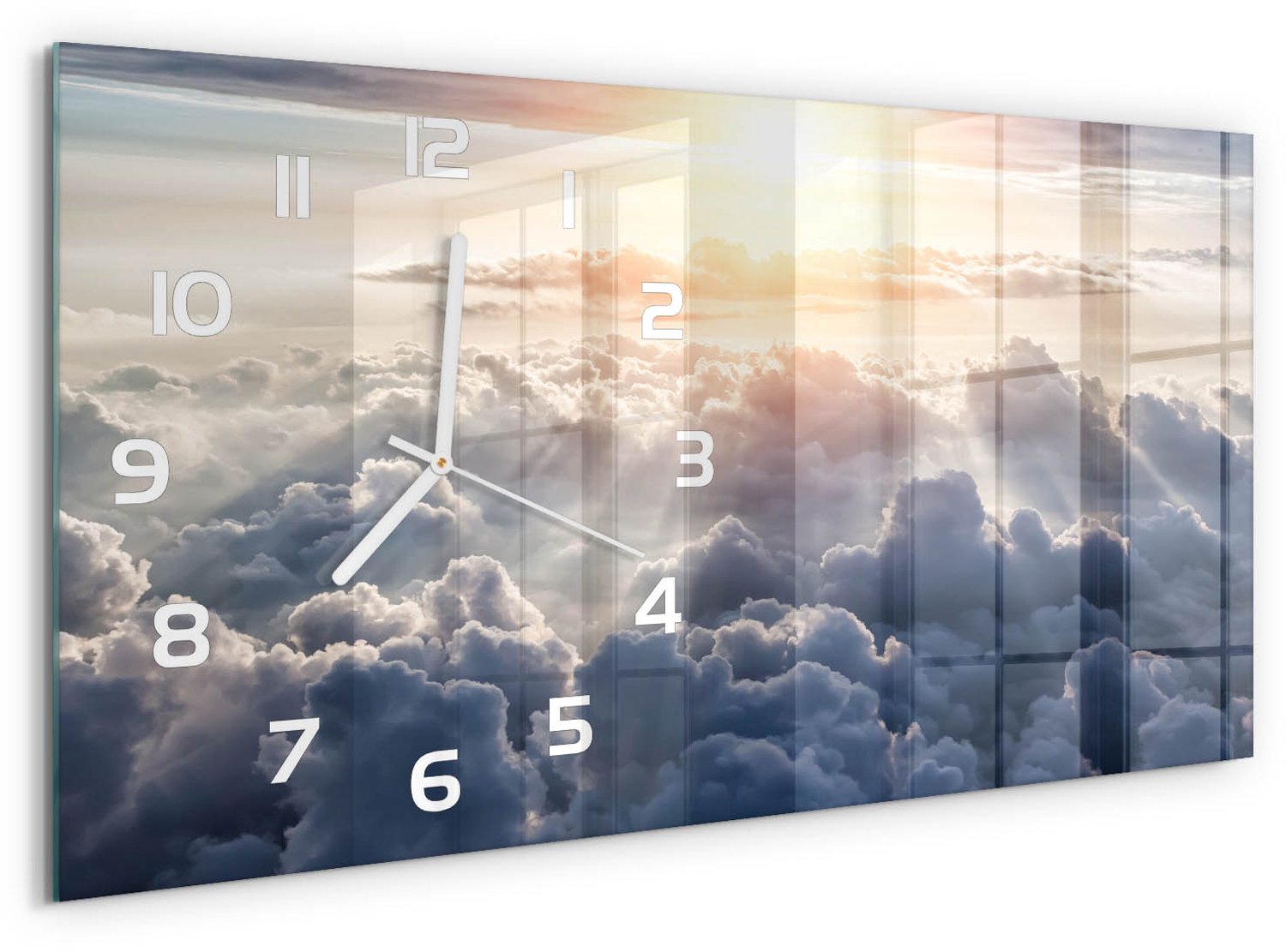 TULUP Wandklok - Wolken gezien vanuit vogelperspectief Glazen Klok Met Print - 60x30 cm - Geel Wandklok Glas Met Motief - Witte handen - Rechthoekige Klok - Wandklok Glas Decoratie - Gekleurde Glazen Klok