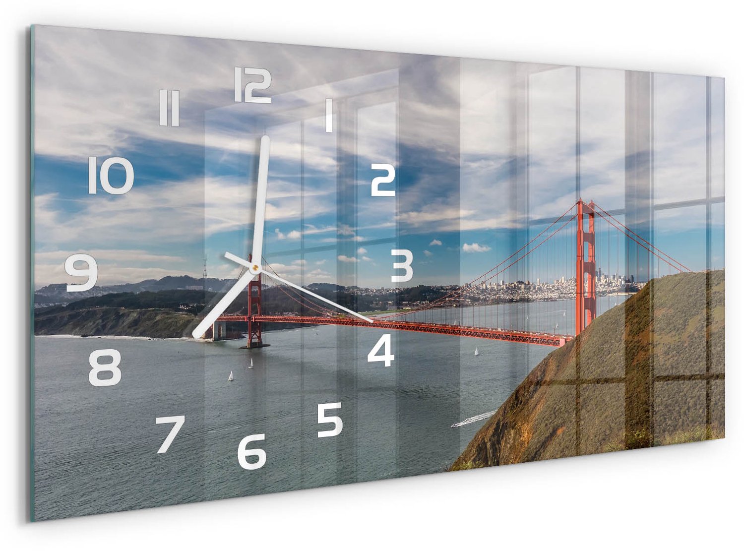 TULUP Wandklok - San Francisco-brug Gekleurde Glazen Klok - 60x30 cm - Veelkleurig Glazen Klok Met Print - Witte handen - Rechthoekige Klok - Moderne Wandklok Glas - Wandklok Glas Decoratie