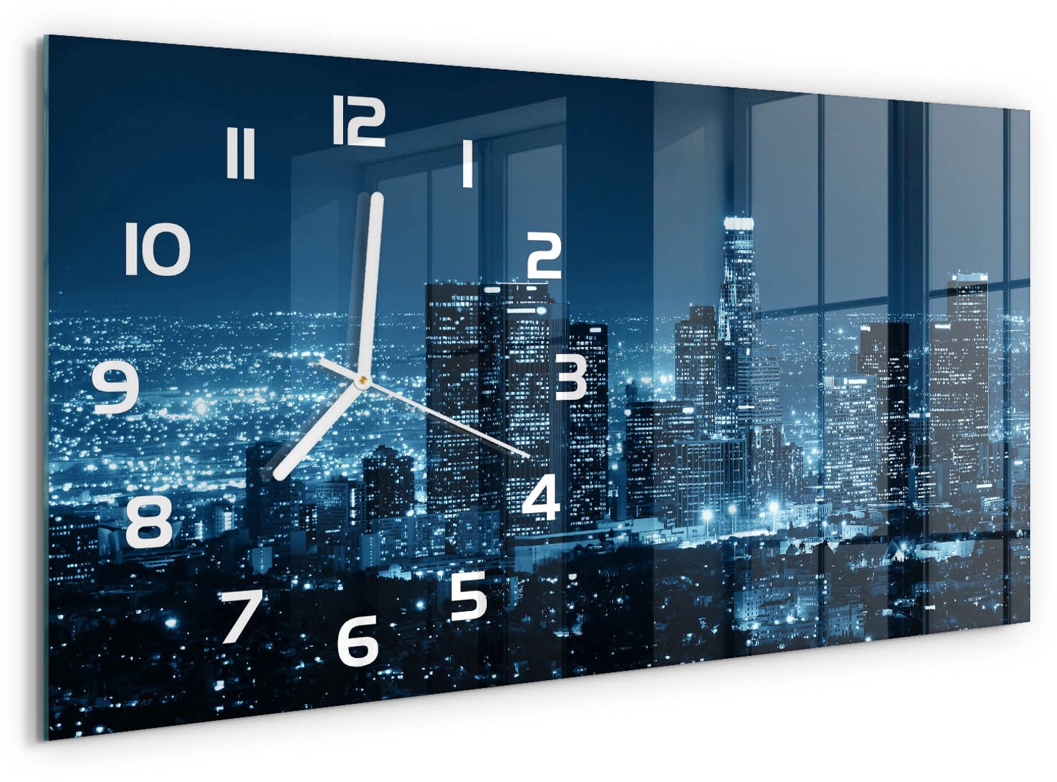 TULUP Wandklok - Los Angeles 's nachts Wandklok Glas Decoratie - 60x30 cm - Blauw Gekleurde Glazen Klok - Witte handen - Rechthoekige Klok - Klok Glas Met Opdruk - Moderne Wandklok Glas