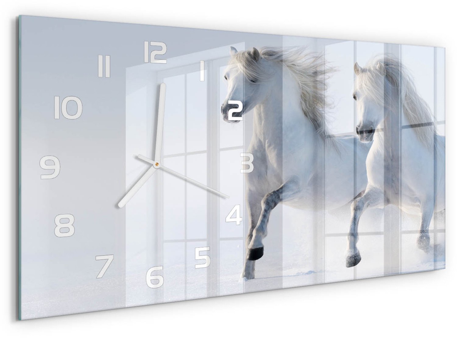 TULUP Wandklok - Twee paarden in de sneeuw Gekleurde Glazen Klok - 60x30 cm - Wit Glazen Klok Met Print - Witte handen - Rechthoekige Klok - Moderne Wandklok Glas - Wandklok Glas Decoratie