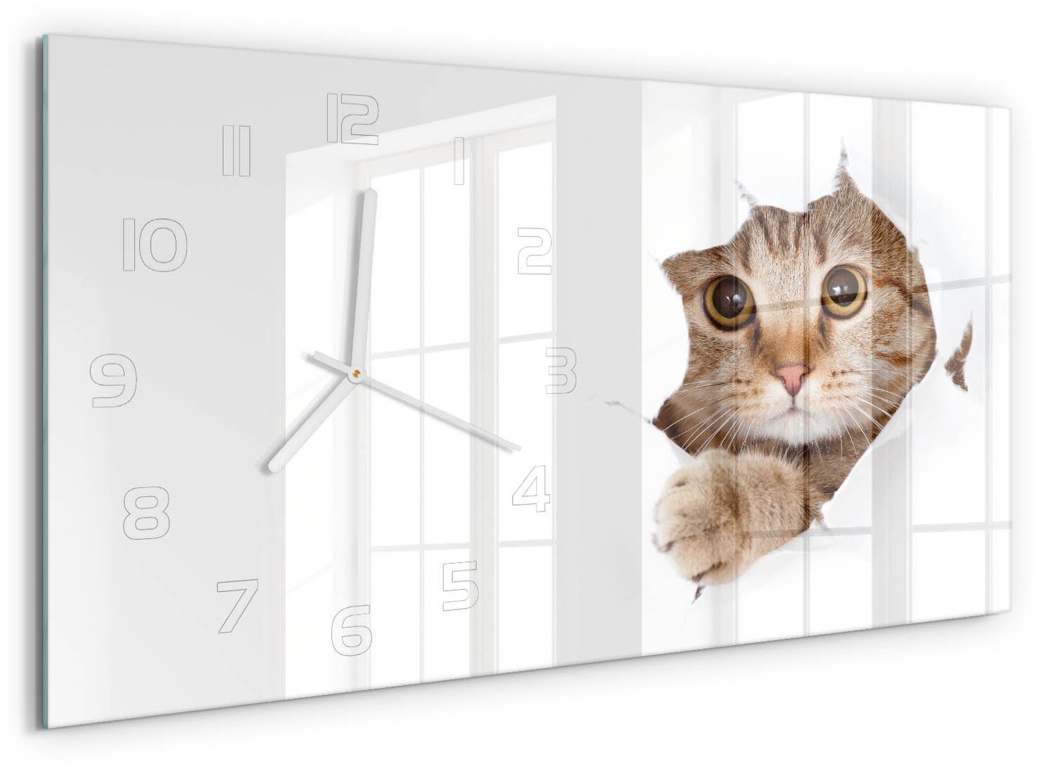 TULUP Wandklok - Kat Moderne Wandklok Glas - 60x30 cm - Beige Wandklok Glas Decoratie - Witte handen - Rechthoekige Klok - Glazen Wandklok Design - Klok Glas Met Opdruk