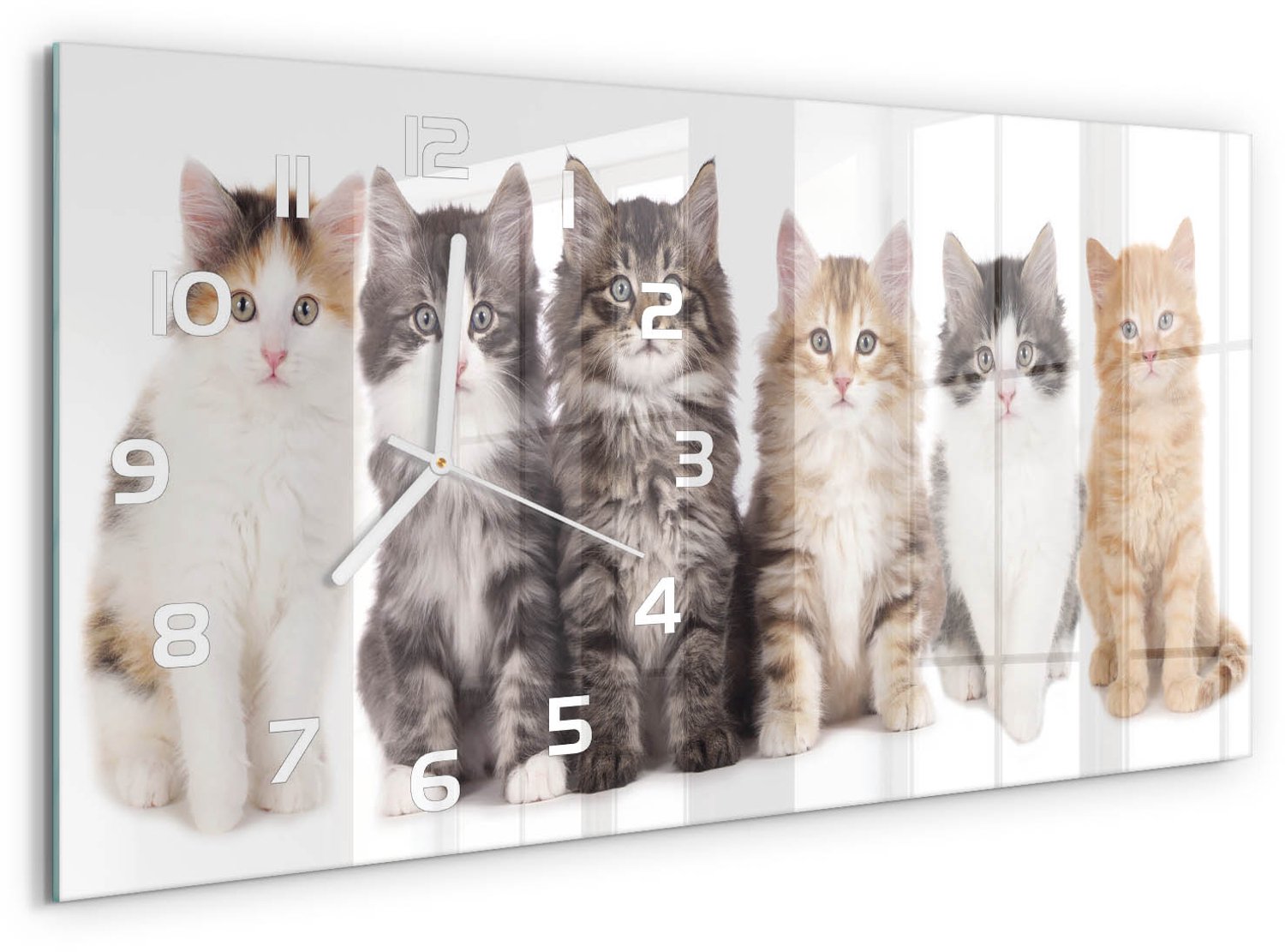 TULUP Wandklok - Zes katten Glazen Klok Met Print - 60x30 cm - Bruin Wandklok Glas Met Motief - Witte handen - Rechthoekige Klok - Wandklok Glas Decoratie - Gekleurde Glazen Klok