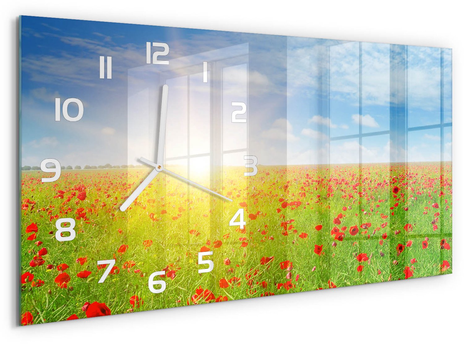 TULUP Wandklok - Klaproosveld Glazen Wandklok Design - 60x30 cm - Veelkleurig Klok Glas Met Opdruk - Witte handen - Rechthoekige Klok - Wandklok Glas Met Motief - Decoratieve Glazen Klok