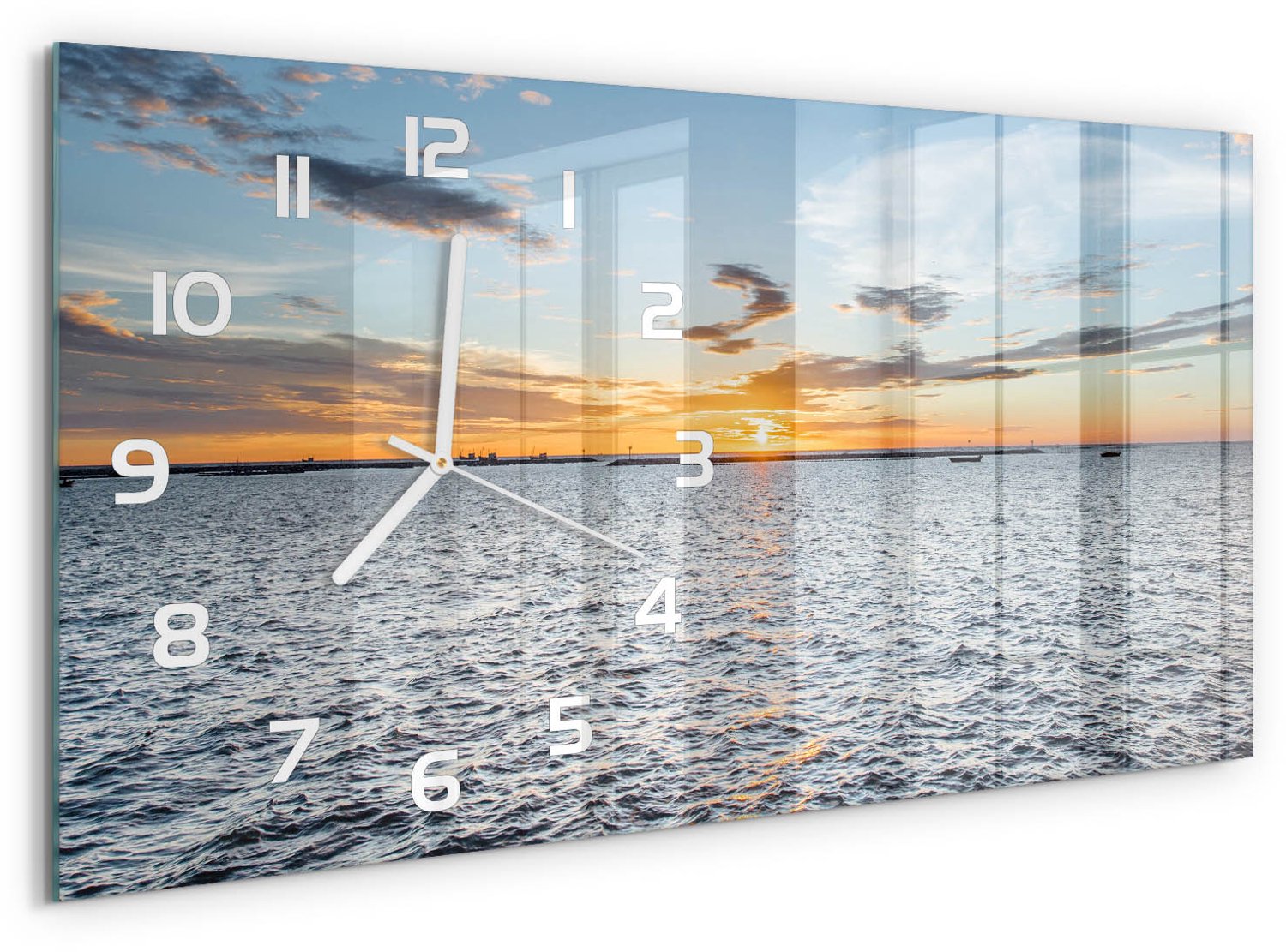 TULUP Wandklok - Schemering aan zee Klok Glas Met Opdruk - 60x30 cm - Blauw Moderne Wandklok Glas - Witte handen - Rechthoekige Klok - Decoratieve Glazen Klok - Glazen Wandklok Design