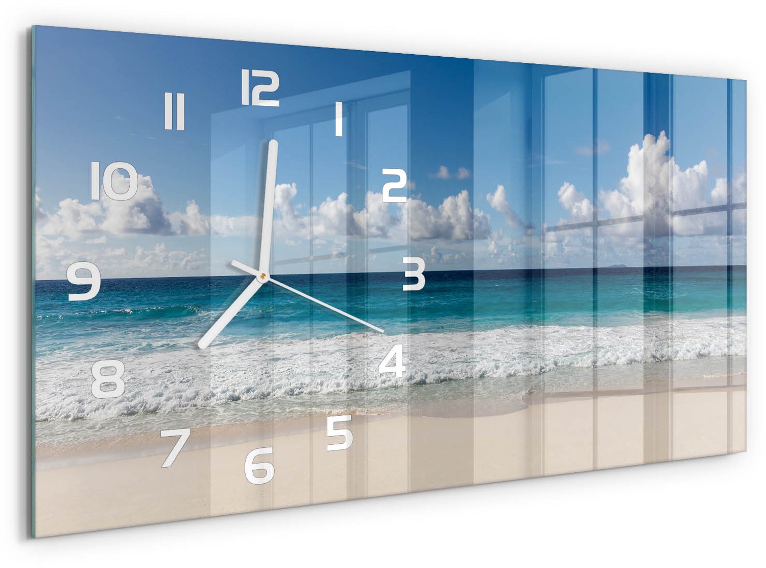 TULUP Wandklok - strand op de Seychellen Gekleurde Glazen Klok - 60x30 cm - Blauw Glazen Klok Met Print - Witte handen - Rechthoekige Klok - Moderne Wandklok Glas - Wandklok Glas Decoratie