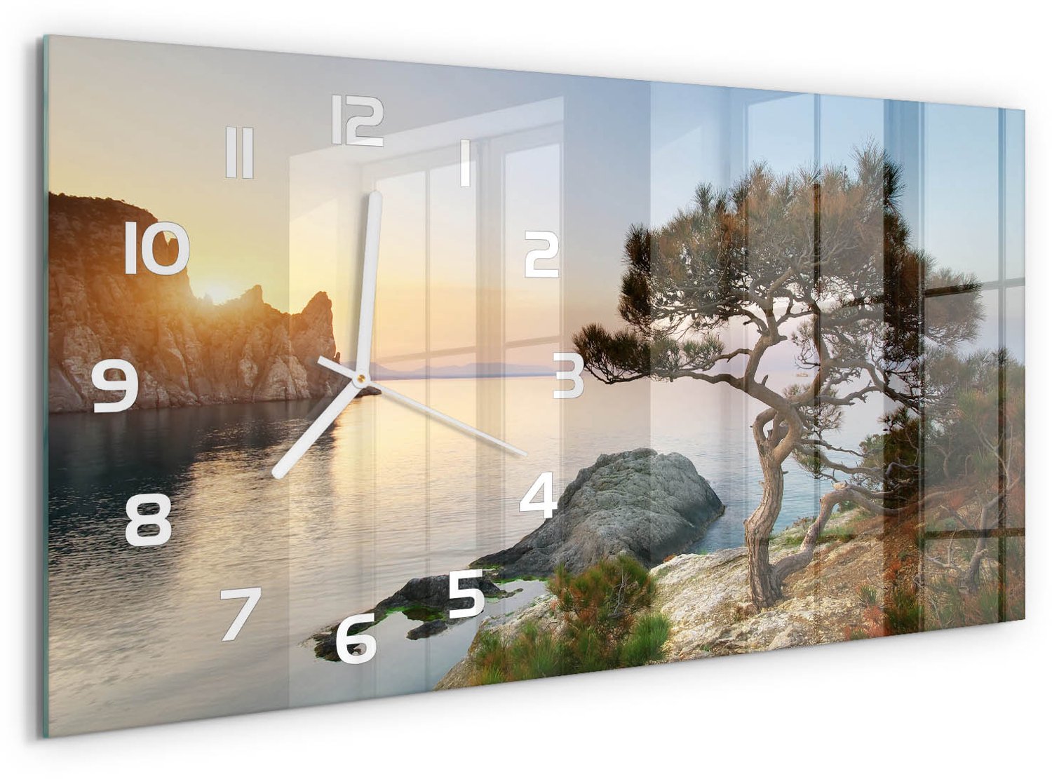 TULUP Wandklok - Boom aan zee Klok Glas Met Opdruk - 60x30 cm - Groente Moderne Wandklok Glas - Witte handen - Rechthoekige Klok - Decoratieve Glazen Klok - Glazen Wandklok Design