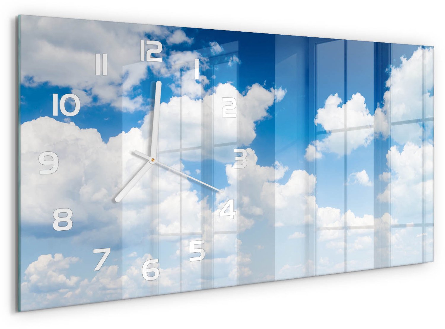TULUP Wandklok - Wolken aan de hemel Decoratieve Glazen Klok - 60x30 cm - Blauw Glazen Wandklok Design - Witte handen - Rechthoekige Klok - Glazen Klok Met Print - Wandklok Glas Met Motief
