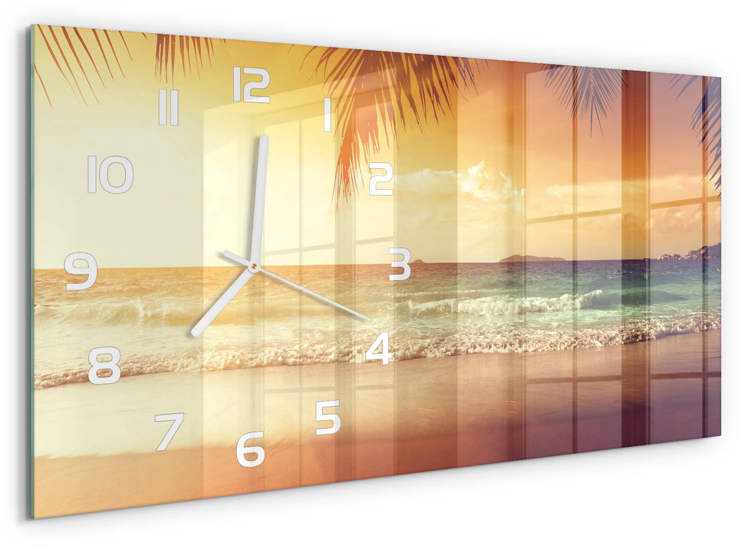 TULUP Wandklok - Tropisch strand Gekleurde Glazen Klok - 60x30 cm - Oranje Glazen Klok Met Print - Witte handen - Rechthoekige Klok - Moderne Wandklok Glas - Wandklok Glas Decoratie