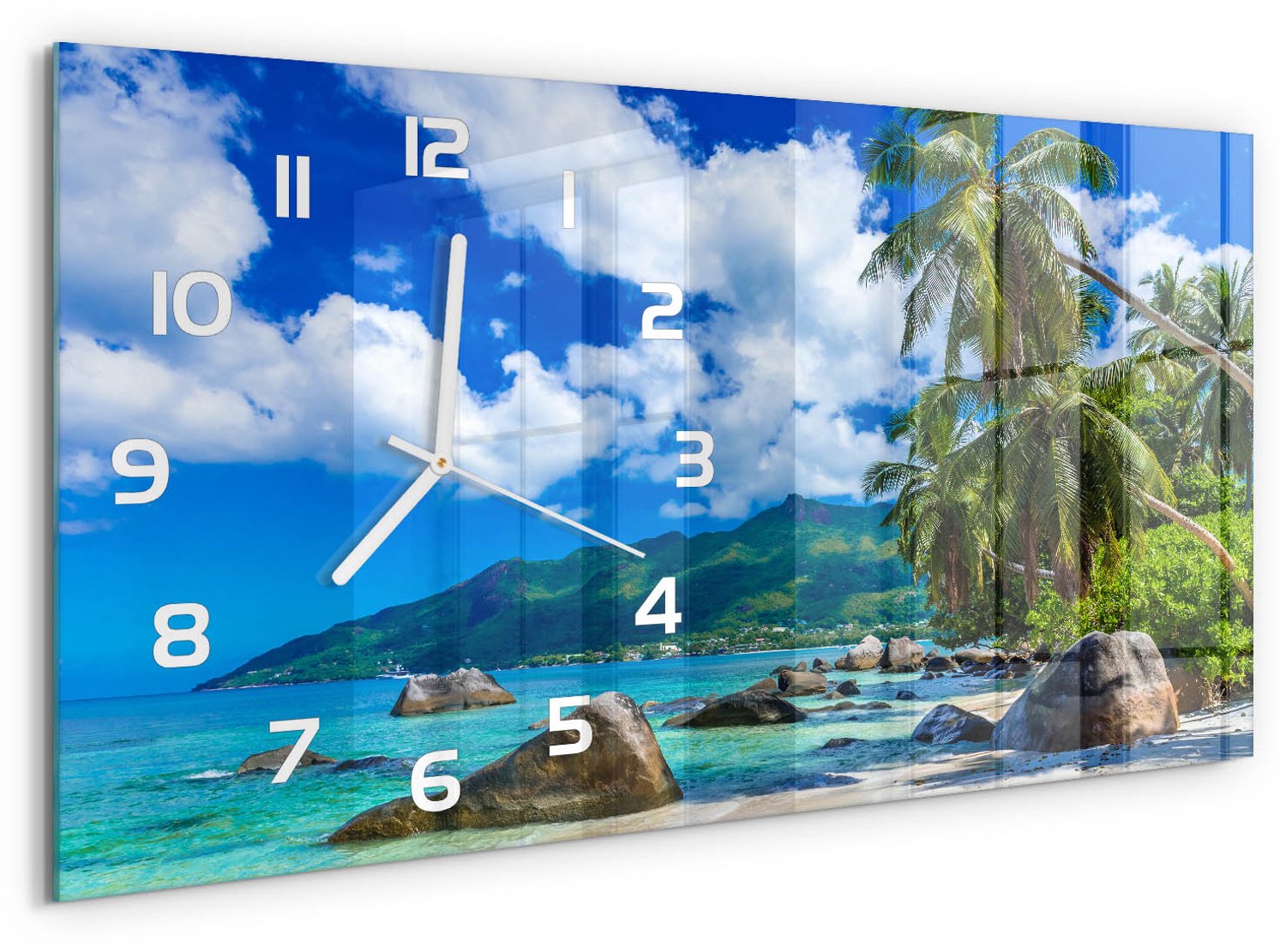 TULUP Wandklok - strand op de Seychellen Klok Glas Met Opdruk - 60x30 cm - Veelkleurig Moderne Wandklok Glas - Witte handen - Rechthoekige Klok - Decoratieve Glazen Klok - Glazen Wandklok Design
