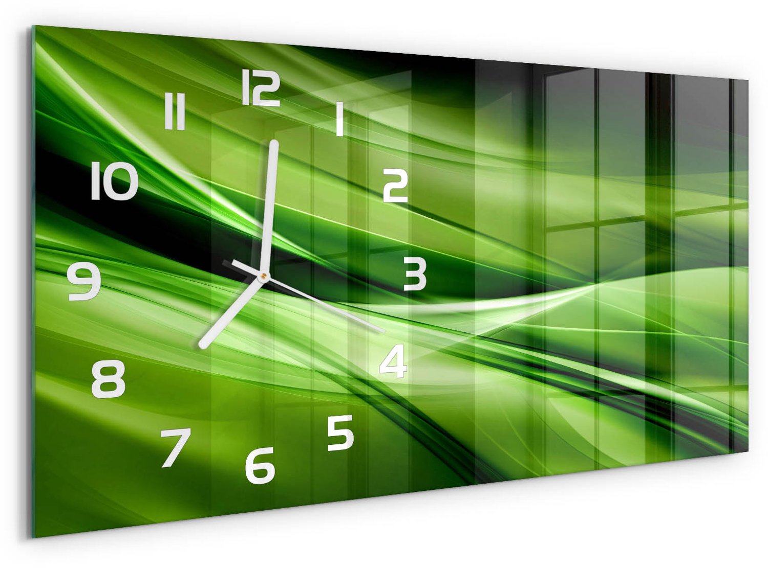 TULUP Wandklok - Groene golven achtergrond Glazen Wandklok Design - 60x30 cm - Groente Klok Glas Met Opdruk - Witte handen - Rechthoekige Klok - Wandklok Glas Met Motief - Decoratieve Glazen Klok