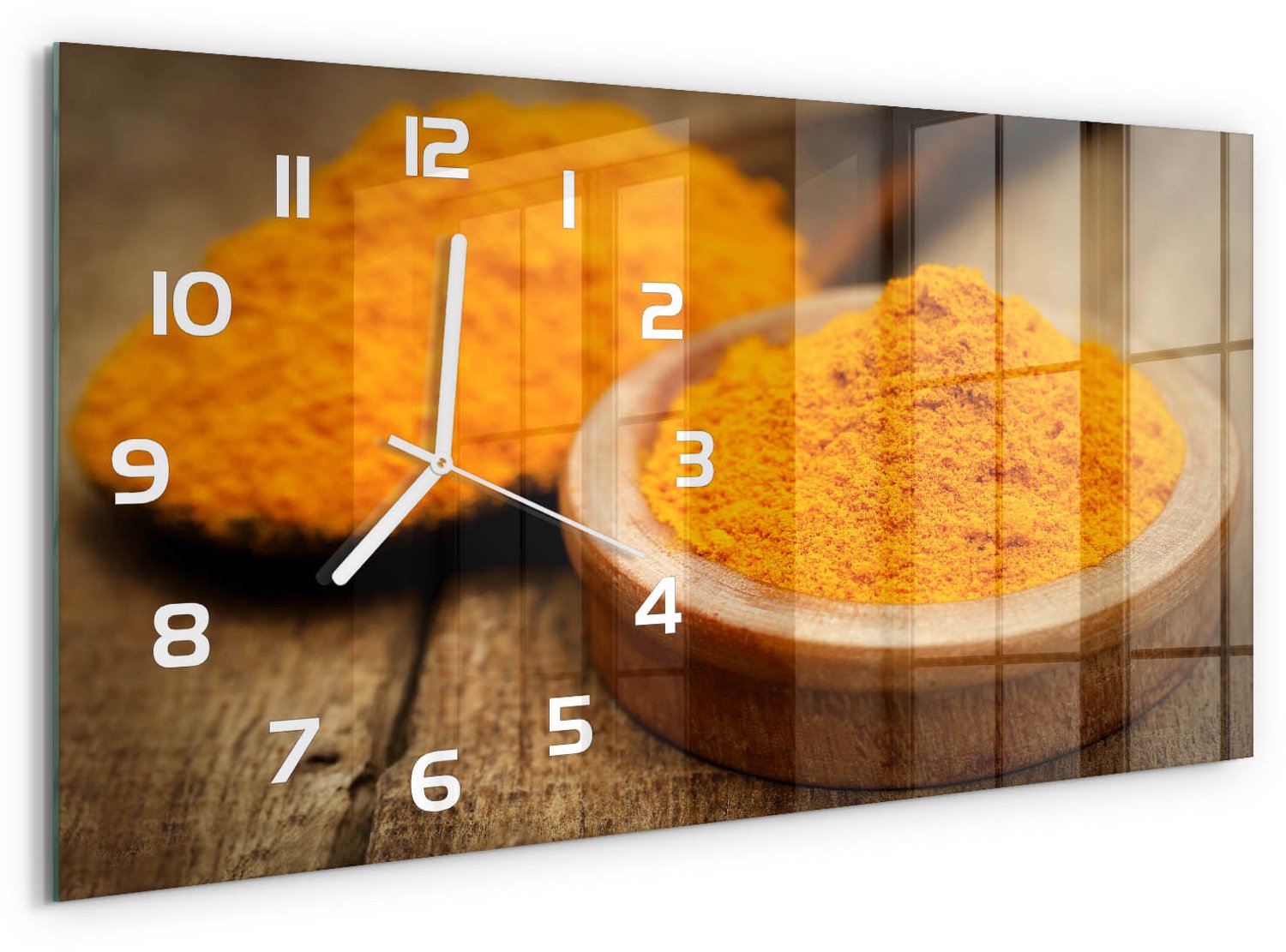 TULUP Wandklok - Kurkuma specerij Decoratieve Glazen Klok - 60x30 cm - Oranje Glazen Wandklok Design - Witte handen - Rechthoekige Klok - Glazen Klok Met Print - Wandklok Glas Met Motief