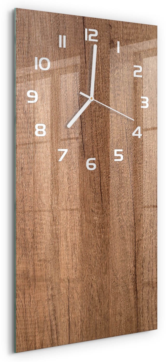 Tulup Wandklok - Houten achtergrond Decoratieve Glazen Klok - 30x60 cm - Bruin Glazen Wandklok Design - Witte handen - Rechthoekige Klok - Glazen Klok Met Print - Wandklok Glas Met Motief