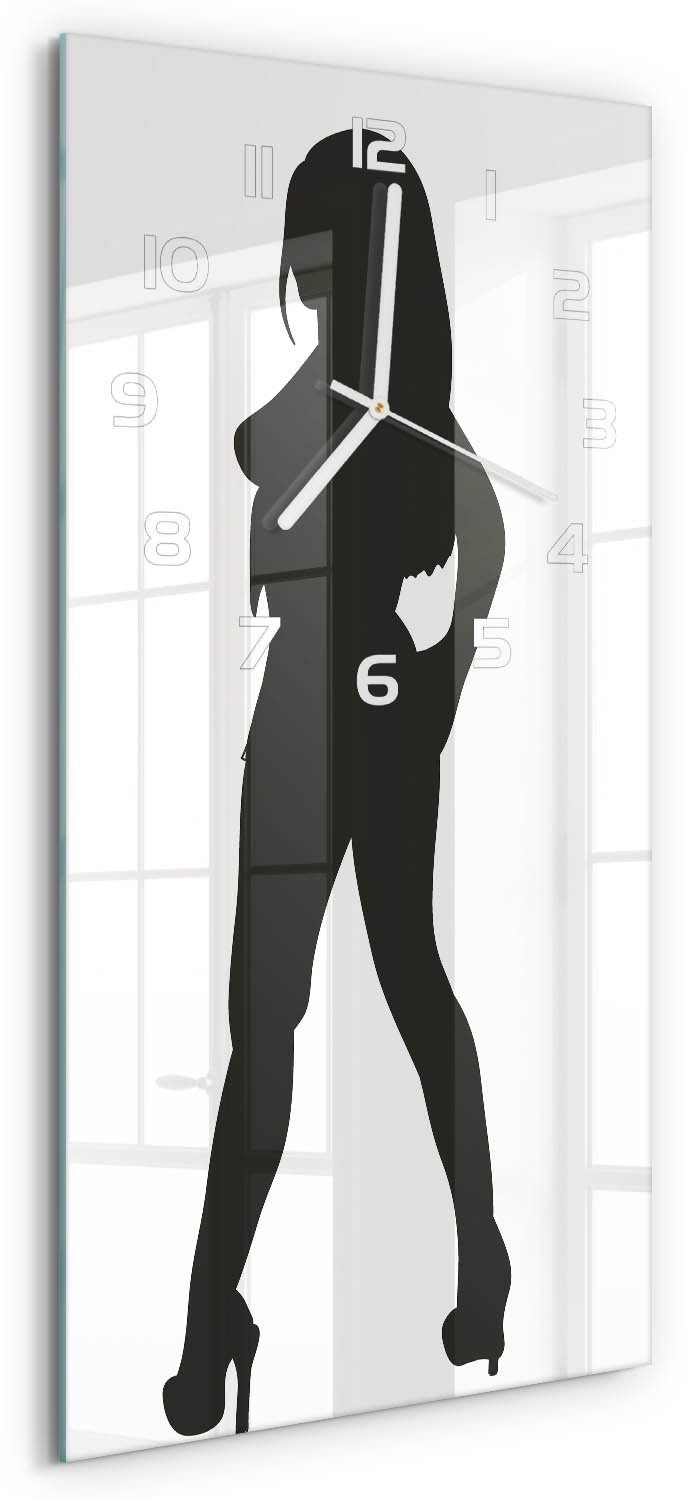 Tulup Wandklok - Silhouet van een vrouw Klok Glas Met Opdruk - 30x60 cm - Zwart-wit Moderne Wandklok Glas - Witte handen - Rechthoekige Klok - Decoratieve Glazen Klok - Glazen Wandklok Design