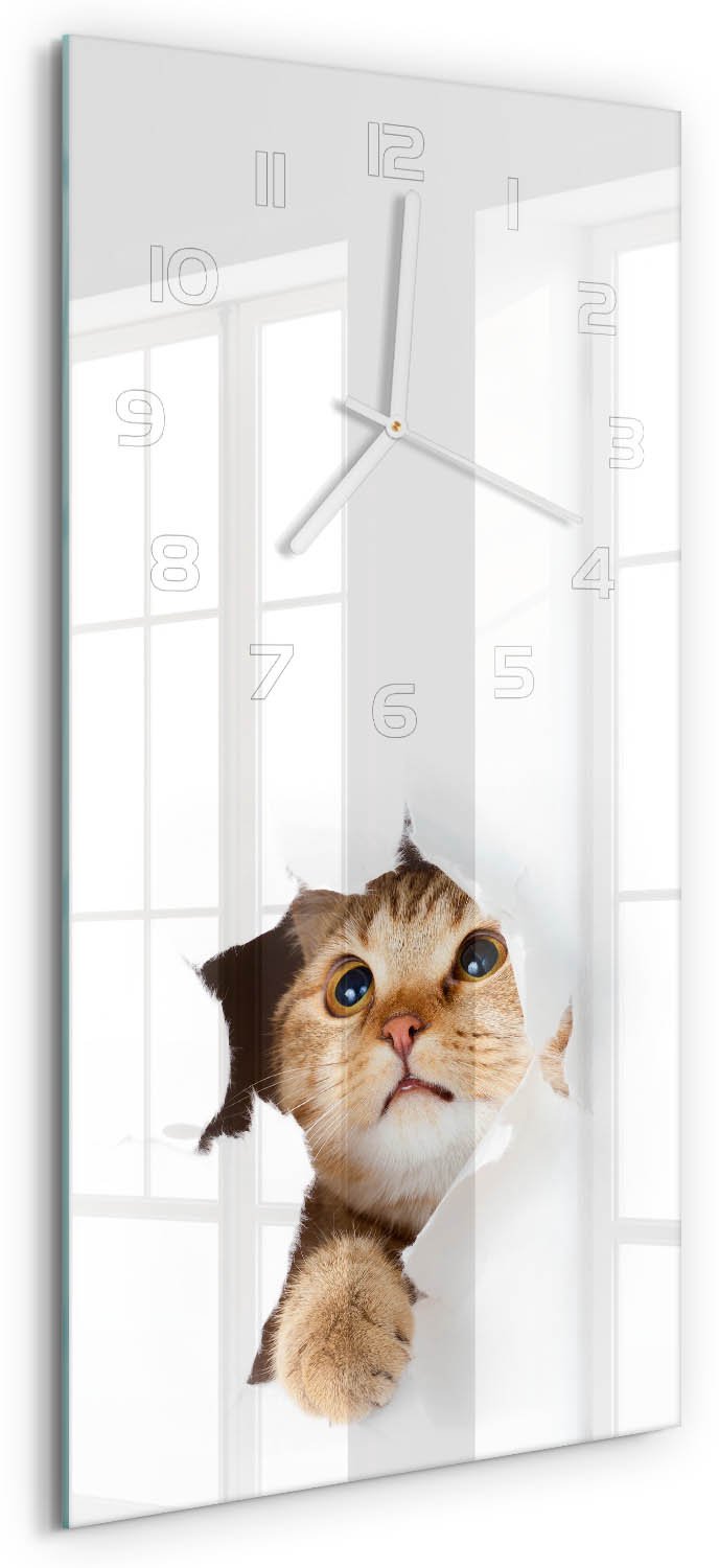 Tulup Wandklok - Kat in het gat Wandklok Glas Met Motief - 30x60 cm - Beige Decoratieve Glazen Klok - Witte handen - Rechthoekige Klok - Gekleurde Glazen Klok - Glazen Klok Met Print
