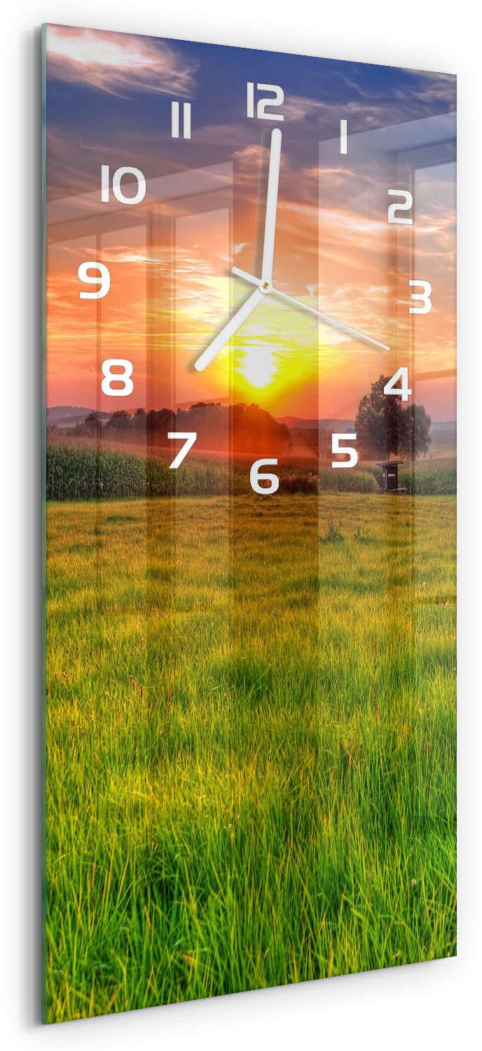 Tulup Wandklok - Zonsondergang Decoratieve Glazen Klok - 30x60 cm - Groente Glazen Wandklok Design - Witte handen - Rechthoekige Klok - Glazen Klok Met Print - Wandklok Glas Met Motief