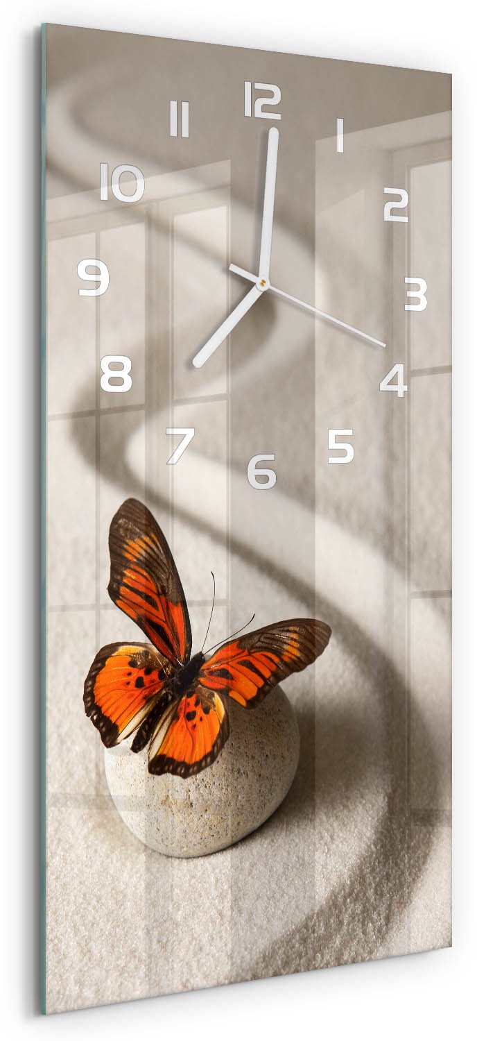 Tulup Wandklok - Zensteen en vlinder Klok Glas Met Opdruk - 30x60 cm - Oranje Moderne Wandklok Glas - Witte handen - Rechthoekige Klok - Decoratieve Glazen Klok - Glazen Wandklok Design