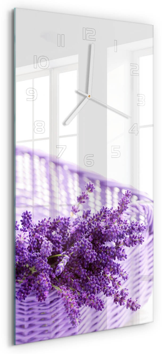 Tulup Wandklok - Lavendel in een mand Moderne Wandklok Glas - 30x60 cm - Paars Wandklok Glas Decoratie - Witte handen - Rechthoekige Klok - Glazen Wandklok Design - Klok Glas Met Opdruk