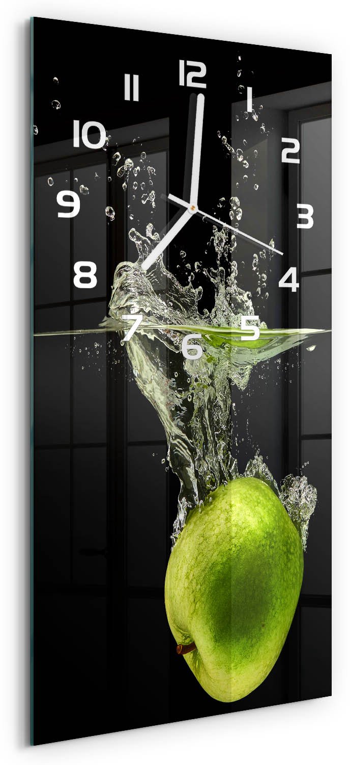 Tulup Wandklok - Groene appels Glazen Klok Met Print - 30x60 cm - Groente Wandklok Glas Met Motief - Witte handen - Rechthoekige Klok - Wandklok Glas Decoratie - Gekleurde Glazen Klok