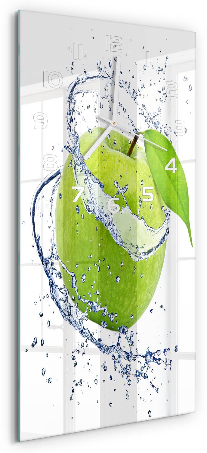Tulup Wandklok - Groene appel Glazen Klok Met Print - 30x60 cm - Groente Wandklok Glas Met Motief - Witte handen - Rechthoekige Klok - Wandklok Glas Decoratie - Gekleurde Glazen Klok